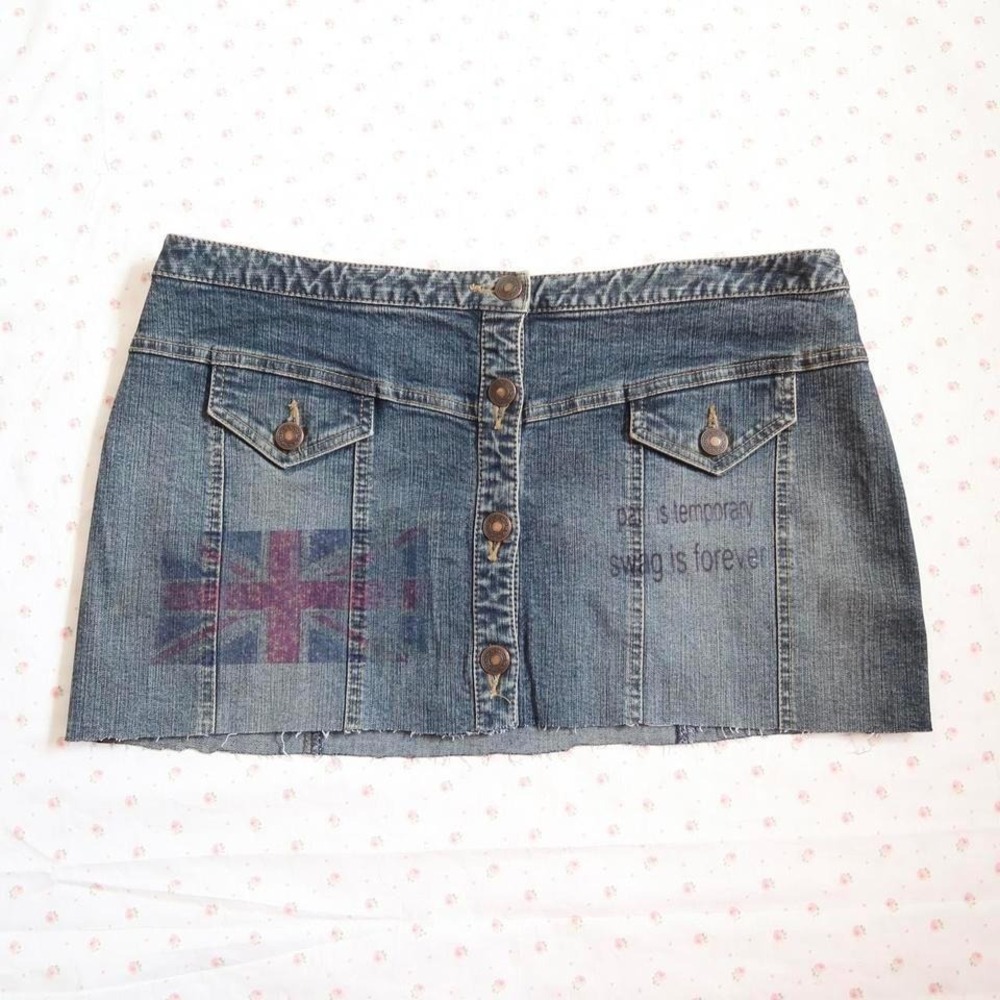 inc international concepts denim mini skirt union jack graphic button front 10